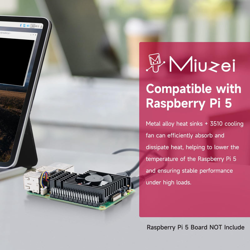 Miuzei Heatsink for Raspberry Pi 5 with Active Cooler Fan, Raspi5 Metal Cooling Case Cooler with PWM Active Fan, Aluminium Heatsink and Cooling Fan for Raspberry Pi 5 4GB/8GB Black