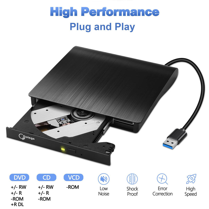 Gotega External DVD Drive, USB 3.0 Portable +/-RW, DVD Player for CD ROM Burner Compatible with Laptop Desktop PC Windows Linux OS Apple Mac Black Small