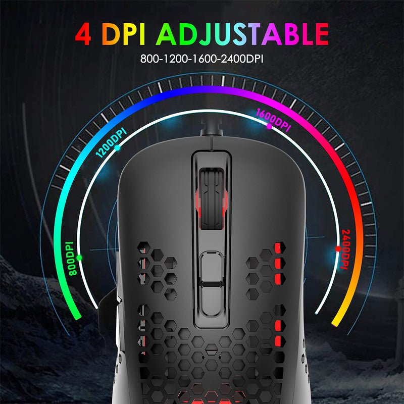 Lightweight Gaming Mouse Wired,USB Optical Computer Mice with RGB Backlit,4 Adjustable DPI Up to 2400,Ergonomic Gamer Laptop PC Mouse with Honeycomb Shell for Windows 7/8/10/XP Vista Linux -Black Black