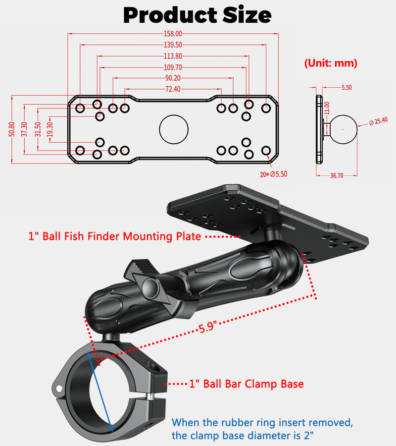 VAZESWIN 1" Ball Fish Finder Mount for 1.5"/1.65"/1.75"/1.85"/2" Round Rail | Aluminum Alloy Universal Marine Electronic Mount with 5.9" Long Arm, Rectangular Plate & Bar Clamp Base for Garmin, Lowrance