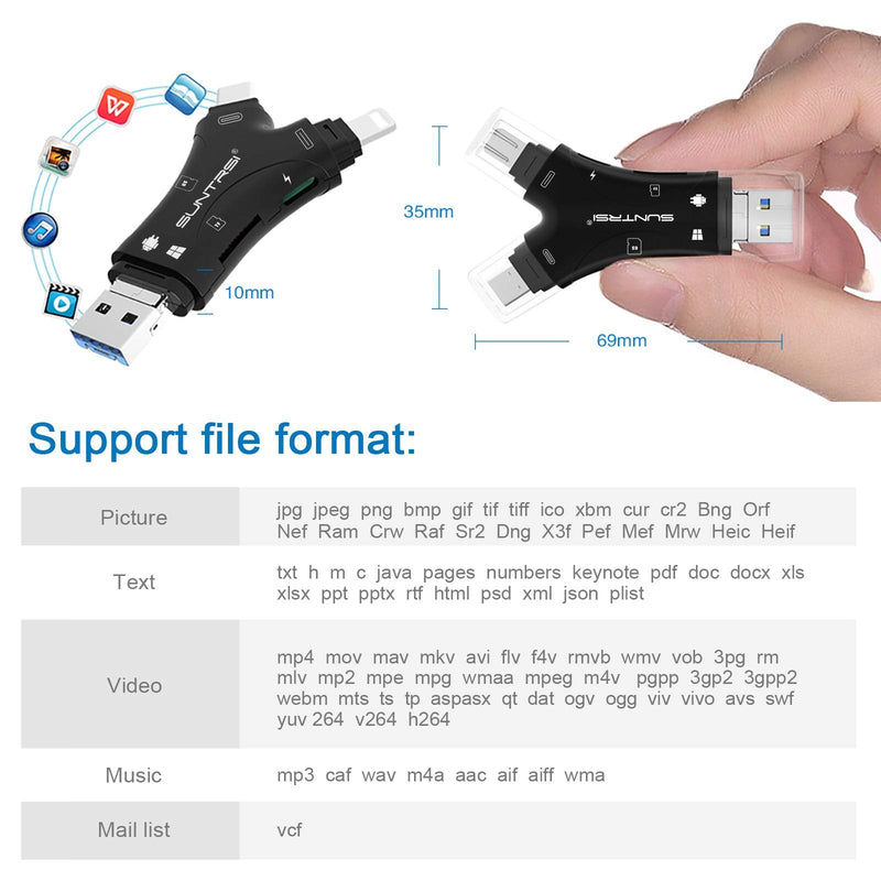 SD Card Reader for iPhone / ipad / Android / Mac / Computer / Camera,4 in1 Micro SD Card Reader Trail Camera Viewer, Portable Memory Card Reader SD Card Adapter Compatible with SD and TF Cards(Black) black