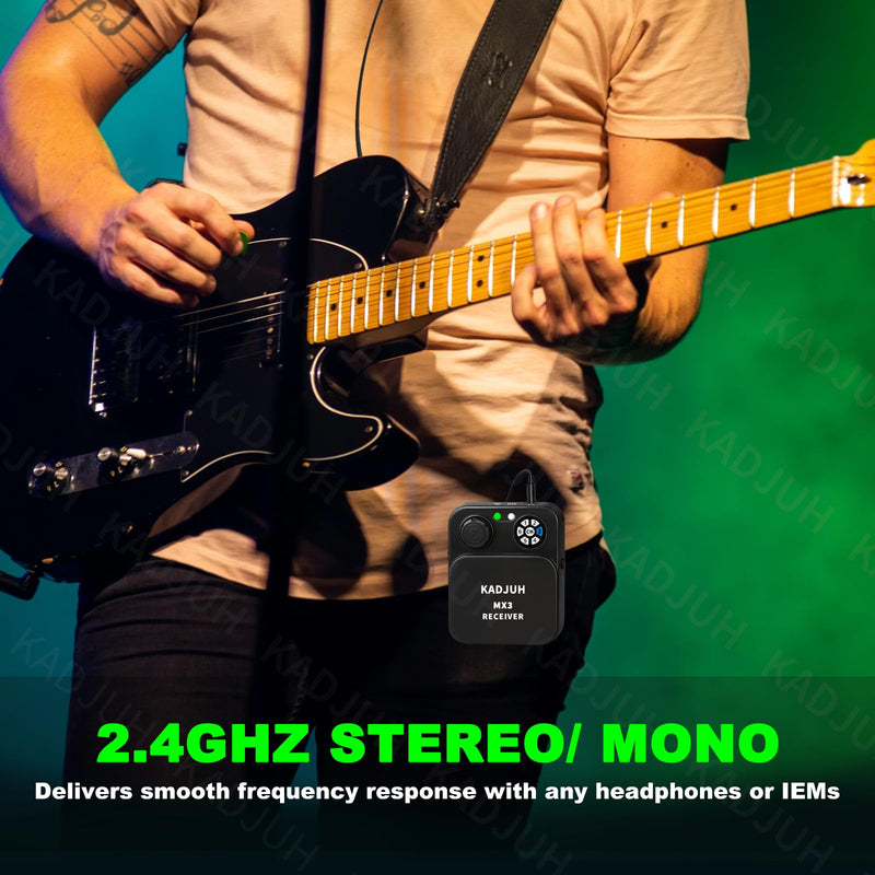 MX3 Wireless in Ear Monitor System 2.4ghz Stereo IEM System Transmitter and bodypack Receiver for Studio, Band Rehearsal, Live Performance, Channel Scan Mode Black