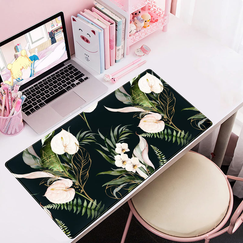 Desk Mat Black and Gold White Rose Flowers Decor Large Keyboard Mouse Pad for Laptop Pc Setup Desk Cover Protector Desk DéCor for Office Home Work Gaming 31.5" X 15.7" Stitched Edge Non-Slip Design A Blue black