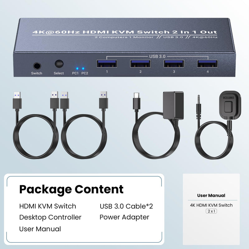 2 Port HDMI KVM Switch 1 Monitor 2 Computers, Control 2 PCs with 1 Set of Keyboard Mouse and 1 Monitor, 4K60Hz Support and USB 3.0 4K HDMI 1 Monitor 2 Computers