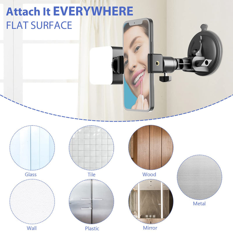 Suction Cup Mirror Phone Holder with Light, Travel Wall Phone Camera Mount for Makeup Content Creator Essentials, Mirror Tripod for Bathroom Kitchen Compatile with All Smooth Surface