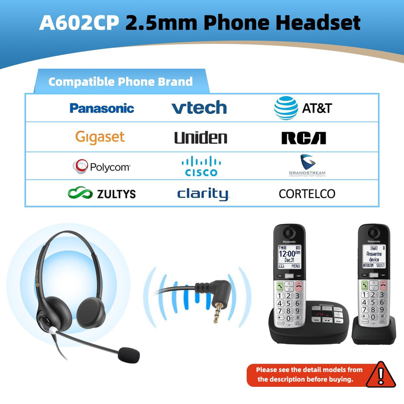 [AUSTRALIA] - Arama Cordless Phone Headset with Microphone, 2.5mm Jack Telephone Headset for Office Landline, Noise-Cancelling Mic & Volume Control, Wired Headphones Compatible with Panasonic AT&T Vtech Uniden Black 