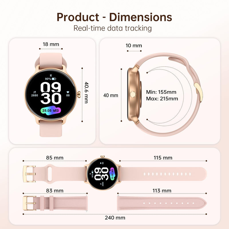 Smart Watch for Women, 1.27" HD AMOLED Smartwatch (Answer/Call) for iPhone/Android/Samsung, Fitness Tracker with 120+ Sport Modes, Heart Rate/Sleep/Health Monitor, IP68 Waterproof, 2 Bands Rose Gold