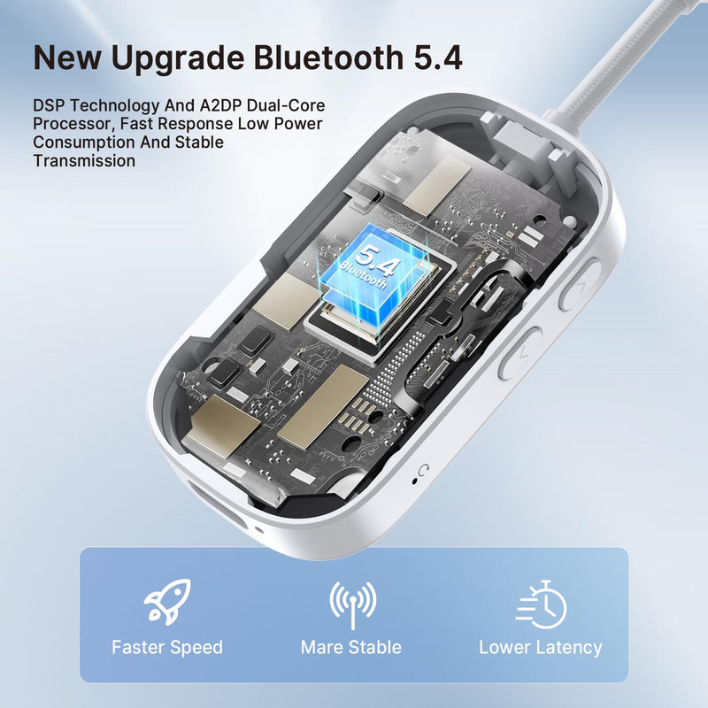 Bluetooth 5.4 Transmitter Receiver for 2 AirPods/Headphones, 2-in-1 Wireless Adapter with Microphone, Audio Adapter with 3.5mm Audio Jack, Suitable for Airplane, Car, TV, PC, Home Stereo White