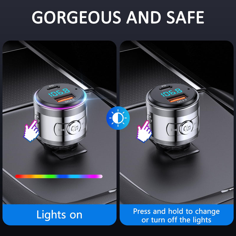 Bluetooth Transmitter for Car, LENCENT Full Metal Bluetooth 5.3 Car Adapter Dual USB Fast Charging 48W(PD 30W & QC3.0 18W), Wireless FM Radio Transmitter with Hi-Fi Music, Hands-Free Calling