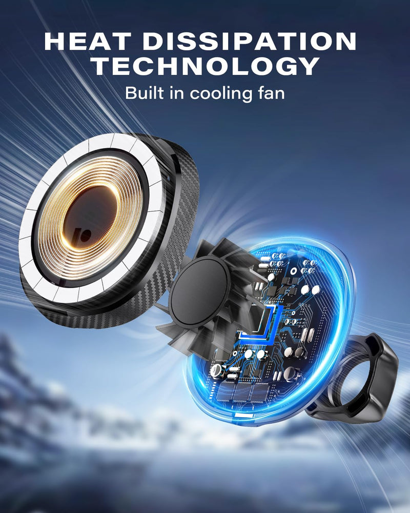 OQTIQ for Magnetic Car Mount Charger- QI2 15W Fast Wireless Charging | Strong Magnetic Grip, Built-in Cooling Fan, Suction Cup & Vent Mount [PD 30W Adaptor Included] Orange - QI2 15W Version