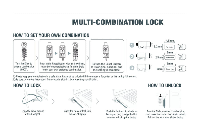 [AUSTRALIA] - Bosvision Laptop Security Cable Lock, for 3 Security Slots (K Standard, Nano and Wedge) Combination, 6.5 feet (200cm) Ø4.5mm Stainless Steel Cable 