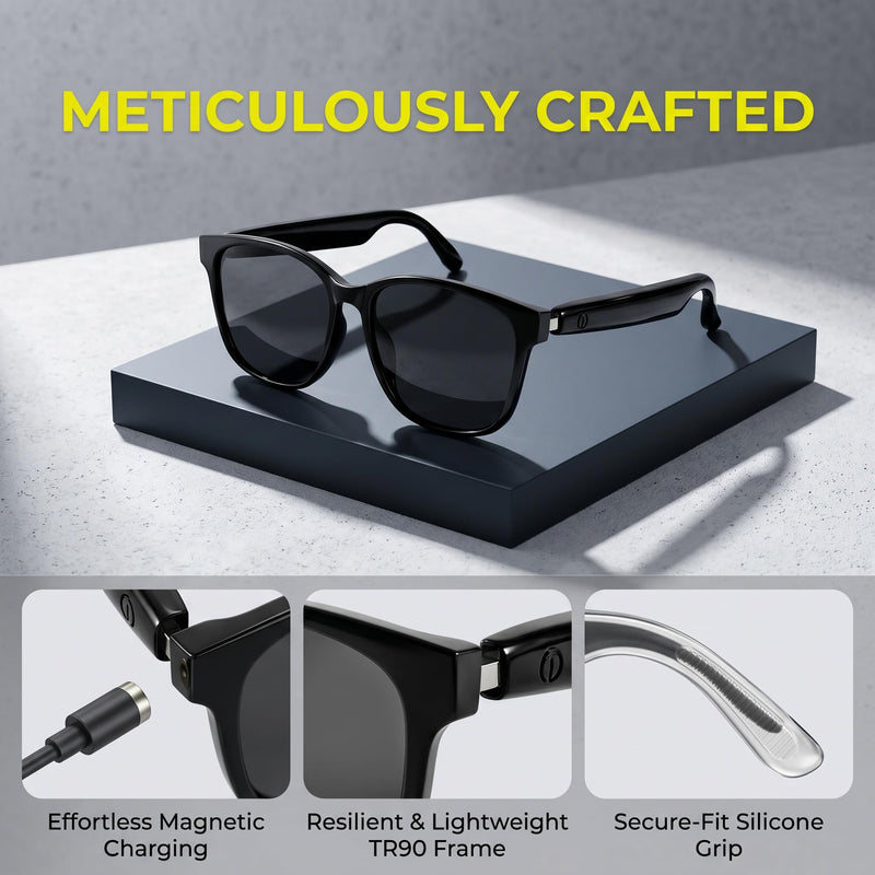 APOPHENIA AI Smart Bluetooth 5.4 Translation Sunglasses,Open-Ear Audio Glasses,144+Languages Real-Time Translator,Polarized UV400,Travel Business (Black Frame Grey Lens)