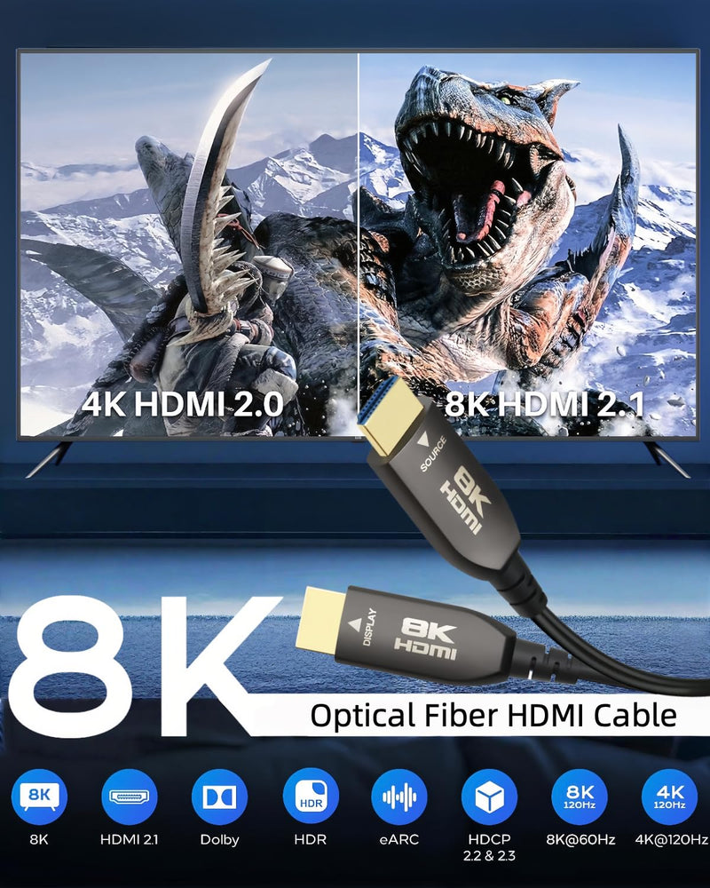 8K Fiber Optic HDMI Cable 65 FT, 48Gbps Ultra High Speed, 8K60Hz 4K120Hz 2K144Hz Dynamic HDR/eARC, HDCP 2.2&2.3/3D Compatible for PS5, X Box Series X, Desktop GPUs 30&40 Series (65 feet) 65 feet