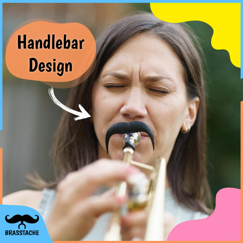The Original Brasstache 2.0 - [2-Pack] Clip-on Mustache for Trumpet Mouthpiece, XL and Handlebar Combo Version