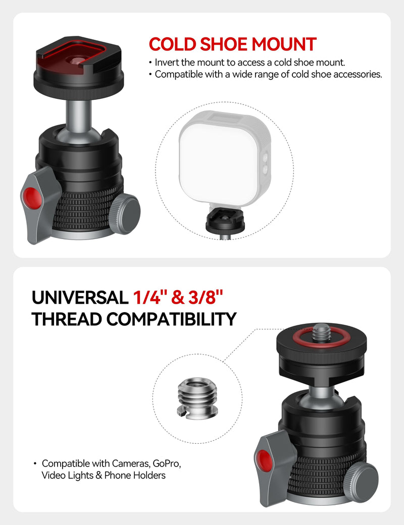 IFOOTAGE T31D Mini Ball Head, Camera Tripod Head with Cold Shoe Mount | 360° Swivel & 90° Tilt Aluminum Ball Head, 1/4" & 3/8" Screw Adapter for DSLR Camera, Mirrorless Camera, Phone, Video Light