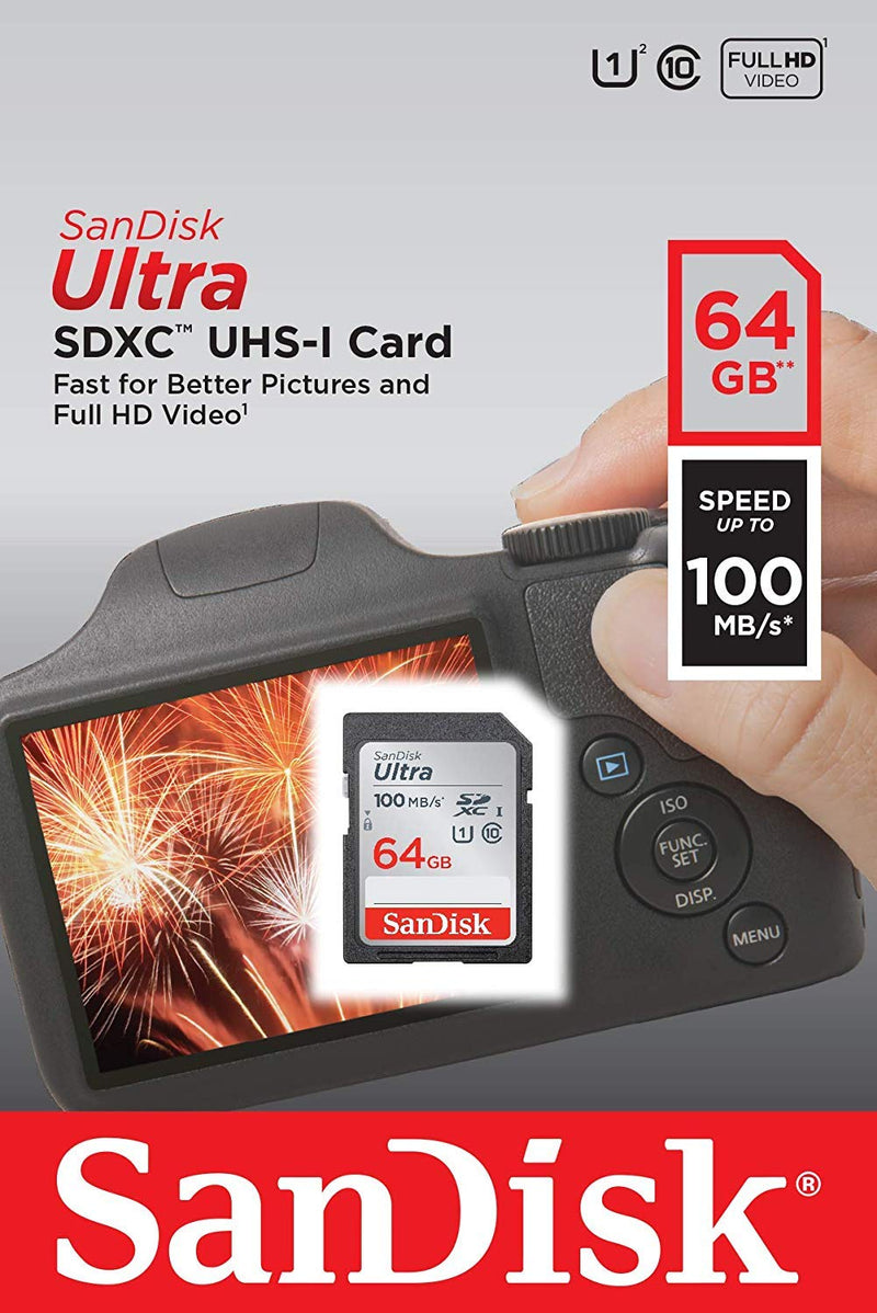 SanDisk 64GB Ultra SD Memory Card for Nikon Coolpix L340, B500, A10, L32, S7000, A300, P900, Camera UHS-I Class 10 (SDSDUNR-064G-GN6IN) Bundle with Everything But Stromboli Memory Card Reader