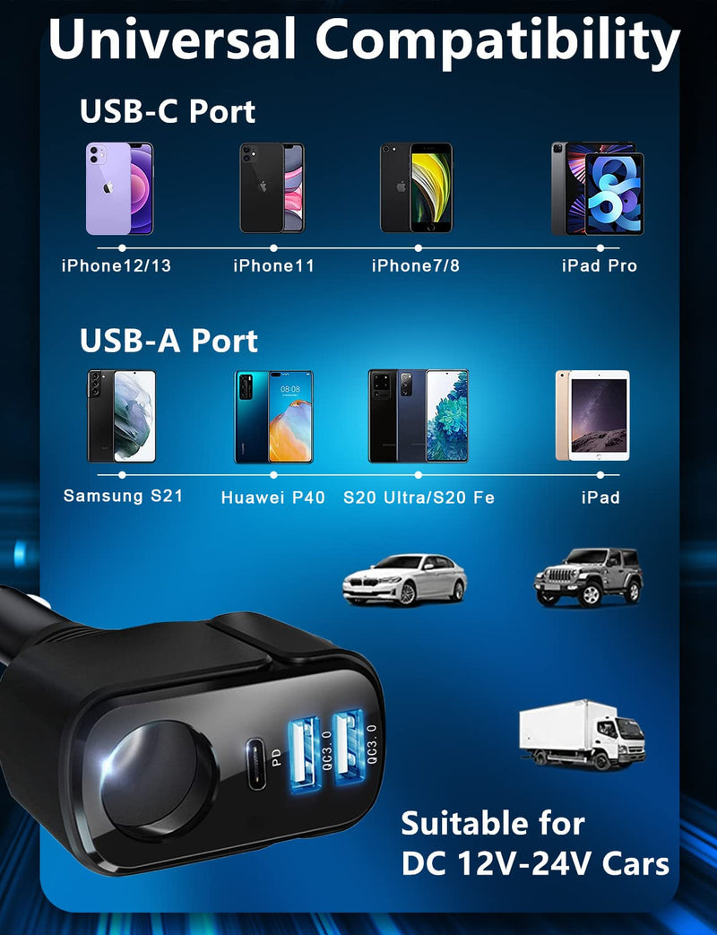 IDOLCO 176W [PD3.0& DualQC3.0] USB C Car Charger & 4 in 1 36W Car Charger Multi USB Cigarette Lighter Adapter