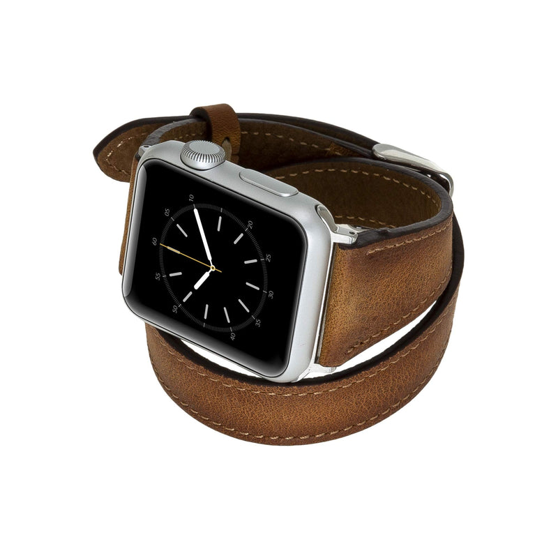 Venito Serena Slim Double Wrap Leather Watch Band Compatible with Apple Watch 38mm 40mm 41mm - iwatch Series 1, 2, 3, 4, 5, 6, 7, SE (Antique Brown w/Silver Stainless Steel Hardware)