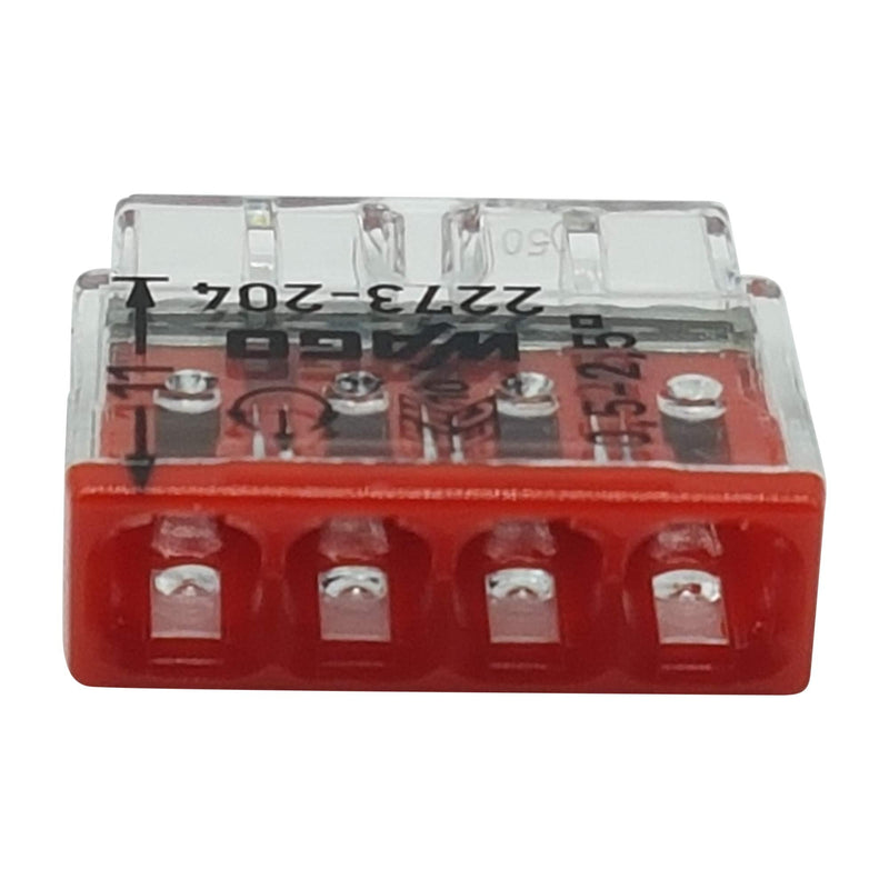 [AUSTRALIA] - Pack of 30 Wago 2273-204 Compact Connectors for Junction Boxes, Diameter 0.5 - 2.5 mm², 4-Pin, Transparent/Red 