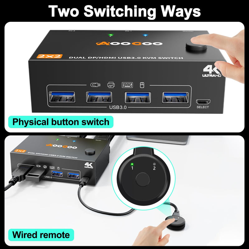 KVM Switch 2 Monitors 2 Computers 4K@60Hz,DP+HDMI USB3.0 Dual Monitor KVM Switches with 4 USB 3.0 Port,Wired Remote,USB3.0 Cables Included(4K60Hz 2 PC 2 Monitor KVM) Black 10 cm HDMI DP 2 in 2 Out
