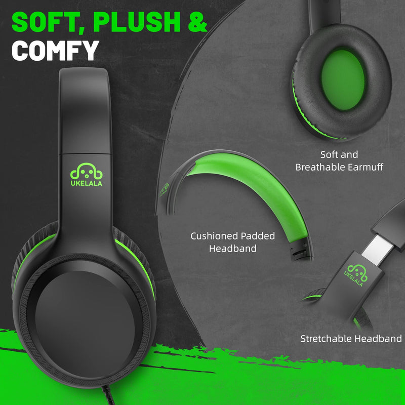 Green Wired Headphones for Boys Portable On Ear Youth Headphones for School Airplane Travel Lightweight Portable Compatible with Pad Computer Laptop for Adults Student Children Girls Kids Black/Green