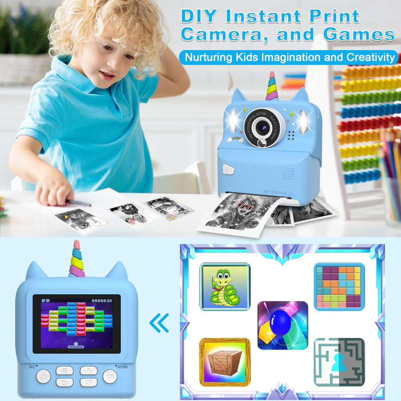 Instant Print Camera for Kids - Christmas Birthday Gift Toy for Girl Boy Age 3-9, Children Selfie Digital Cameras with Cartoon Soft Silicone Cover, Print Black White Photo with 32GB Card (Blue) Blue
