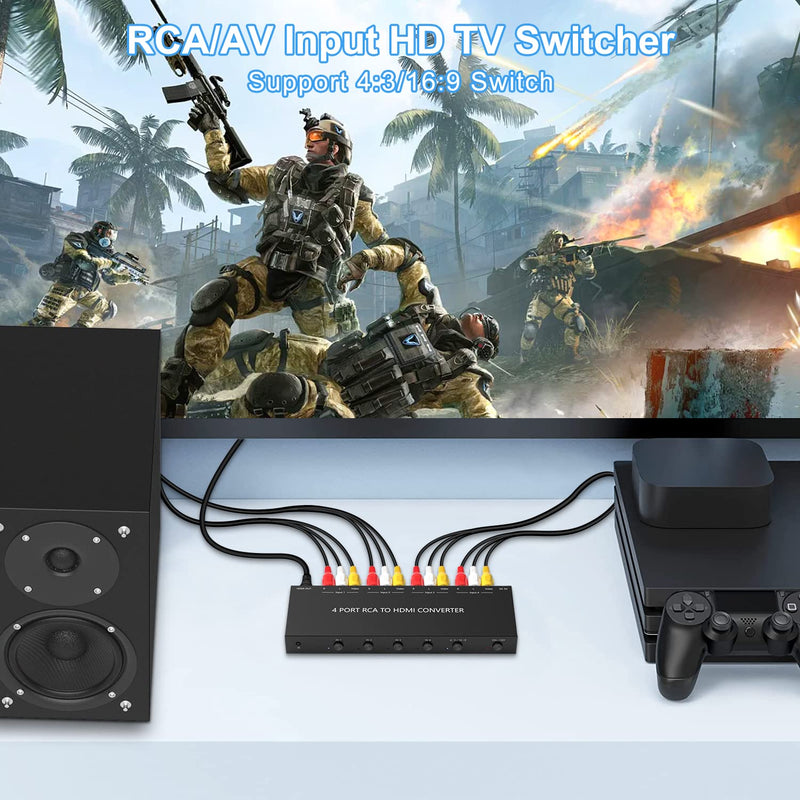 4Port AV to HDMI Converter, 4Port AV to HDMI Switcher with IR Remote, Support 16:9/4:3 and Quick Switch Compatible with WII/N64/SNES/Xbox/PS1/PS2/PS3/VHS/VCR/DVD Players etc.(4AV In-1HDMI Out) 4Port AV to HDMI Converter