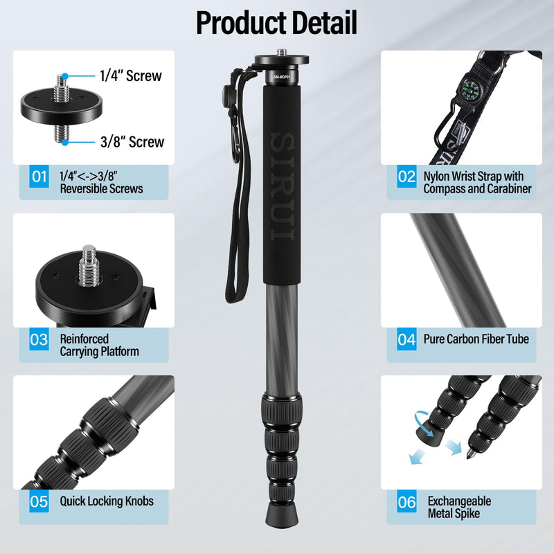 SIRUI Camera Monopod AM-MDP01, 65 inch Carbon Fiber Monopod Compact Lightweight for Travel, Max Load 22lbs/10kg