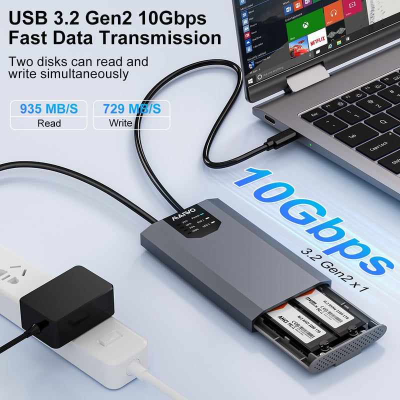 MAIWO Dual NVMe Clone SSD Enclosure, USB3.2 GEN2X2 10Gbps,Support AHCI to NVMe Clone, M.2 Duplicator Cloner for SSDs Sizes 2230/2242/2260/2280 with Indicator Light Dual M.2 NVMe Enclosure & Cloner