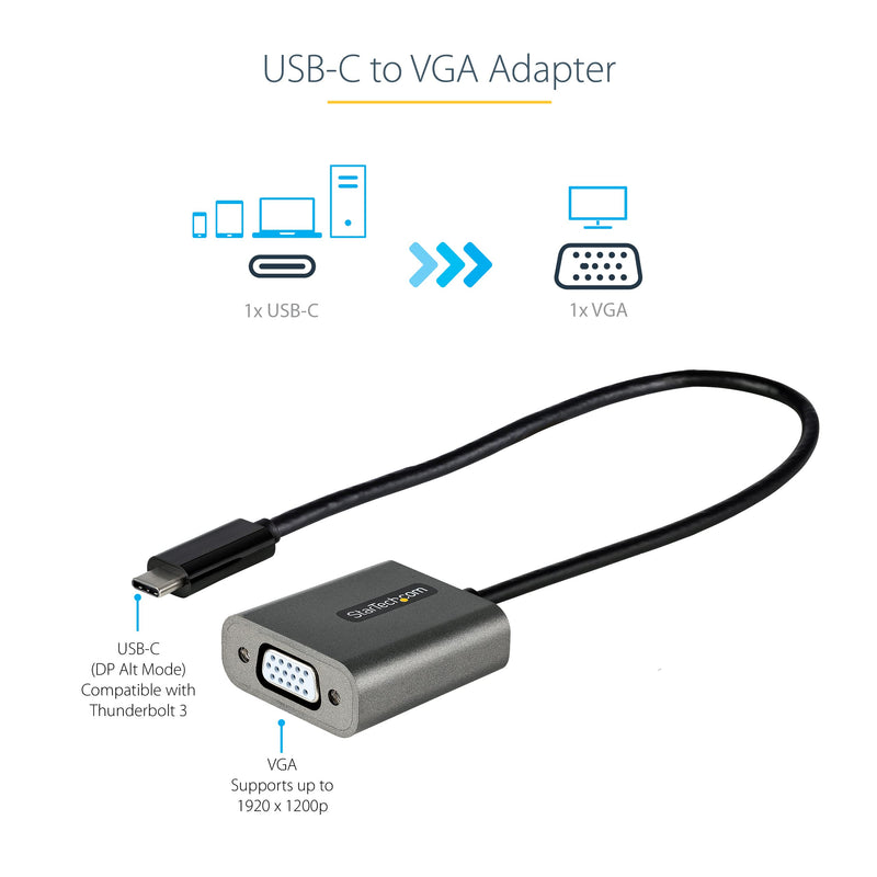StarTech.com USB C to VGA Adapter - 1080p USB Type C to VGA Display/Monitor Video Converter, USB-C Dongle, Thunderbolt 3 Compatible - 12" Long Attached Cable - Upgraded Version of CDP2VGA (CDP2VGAEC) Silver