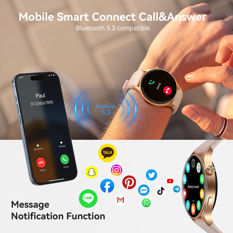 Smart Watch for Women, Answer/Make Call, 1.32'' AMOLED Ultra-Clear Screen | Fitness Tracker with Heart Rate/Sleep/SpO2 Monitor, Smartwatch for iPhone/Samsung/Android, 110+ Sport Modes, 3ATM Waterproof Rose Gold S/M/L