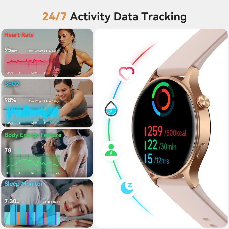 Smart Watch for Women, Answer/Make Call, 1.32'' AMOLED Ultra-Clear Screen | Fitness Tracker with Heart Rate/Sleep/SpO2 Monitor, Smartwatch for iPhone/Samsung/Android, 110+ Sport Modes, 3ATM Waterproof Rose Gold S/M/L
