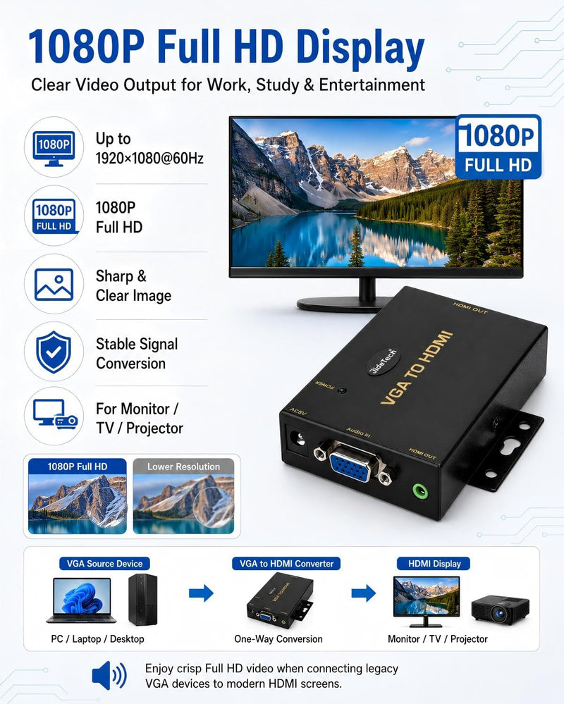 JideTech VGA to HDMI Converter with Audio, One-Way VGA Source to HDMI Display Adapter, 1080P Active Converter, DC 5V Powered, 3.5mm Audio Input, for HDTV, Monitor and Projector