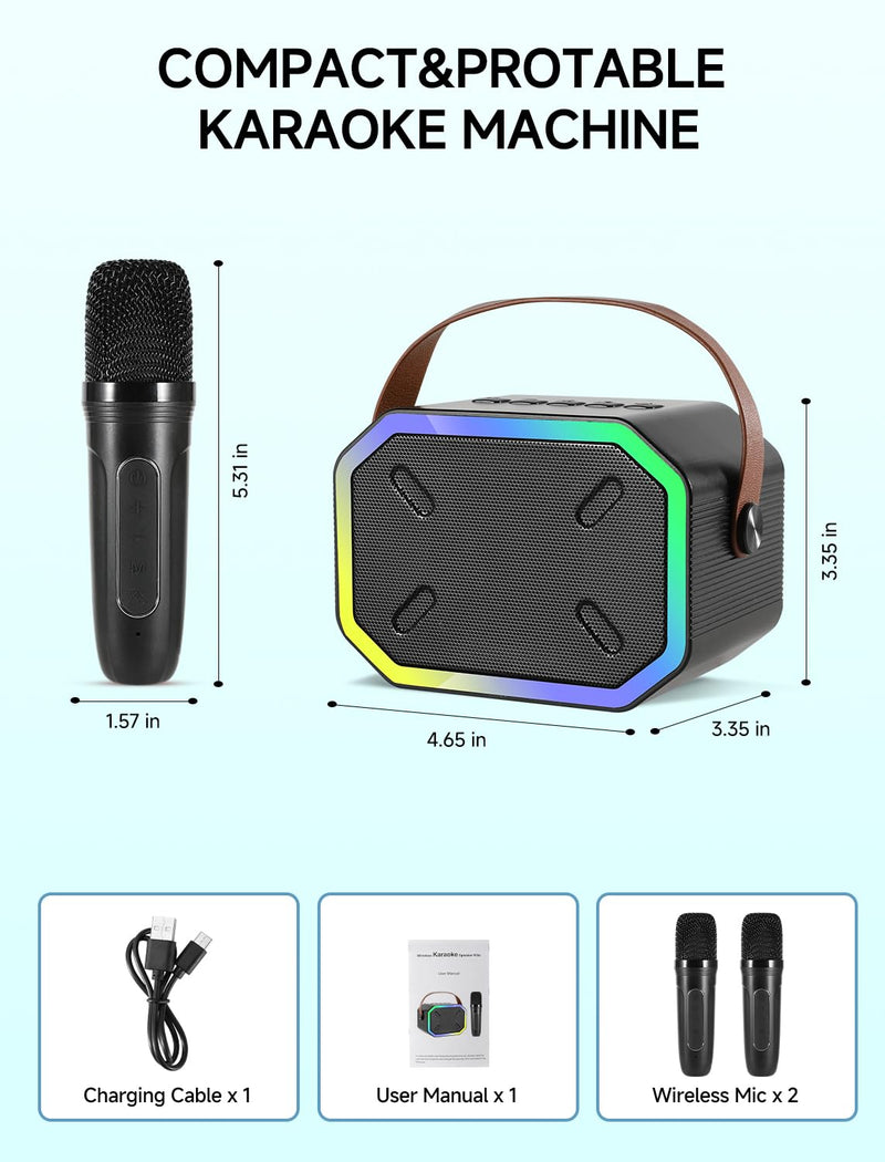 [AUSTRALIA] - Karaoke Machine for Kids and Adults, Mini Portable Bluetooth Speaker with 2 Wireless Microphones, Led Lights for TV, Kids Gifts for Girls Boys Family Party Birthday (Black) Rectangle Black 
