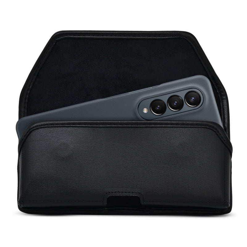 Turtleback Holster Designed for Galaxy Z Fold6 Fold 5 Fold 4 with Thin Fit Case Horizontal Belt Case Black Leather Pouch with Executive Belt Clip, Black Leather Hoz / Fix Clip Slim Fit