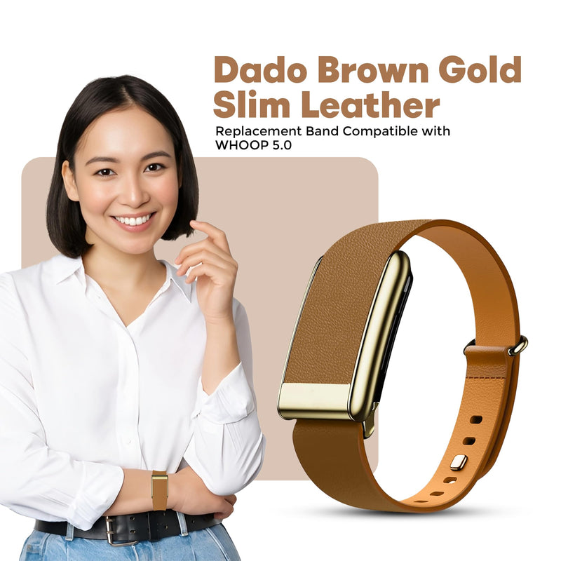 DADO Luxe Tapered Leather Replacement Band Compatible with WHOOP 5.0, One, Peak, and Life Fitness Tracker – Durable & Comfortable | Not for Whoop Gen 4 One/Peak Brown Gold - Slim