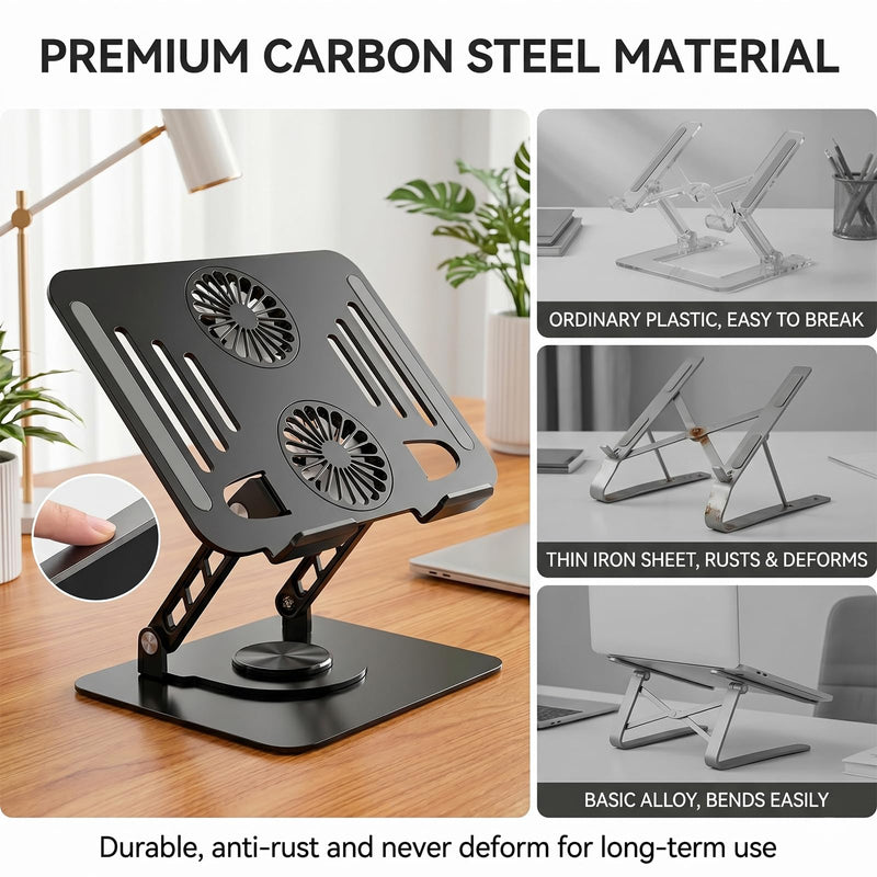 Laptop Stand with Cooling Fan, 360° Rotating Base Aluminum Laptop Riser, Foldable Ergonomic Computer Stand for Desk, Height Adjustable Notebook & All Laptops Up to 17.3" (Black) Black