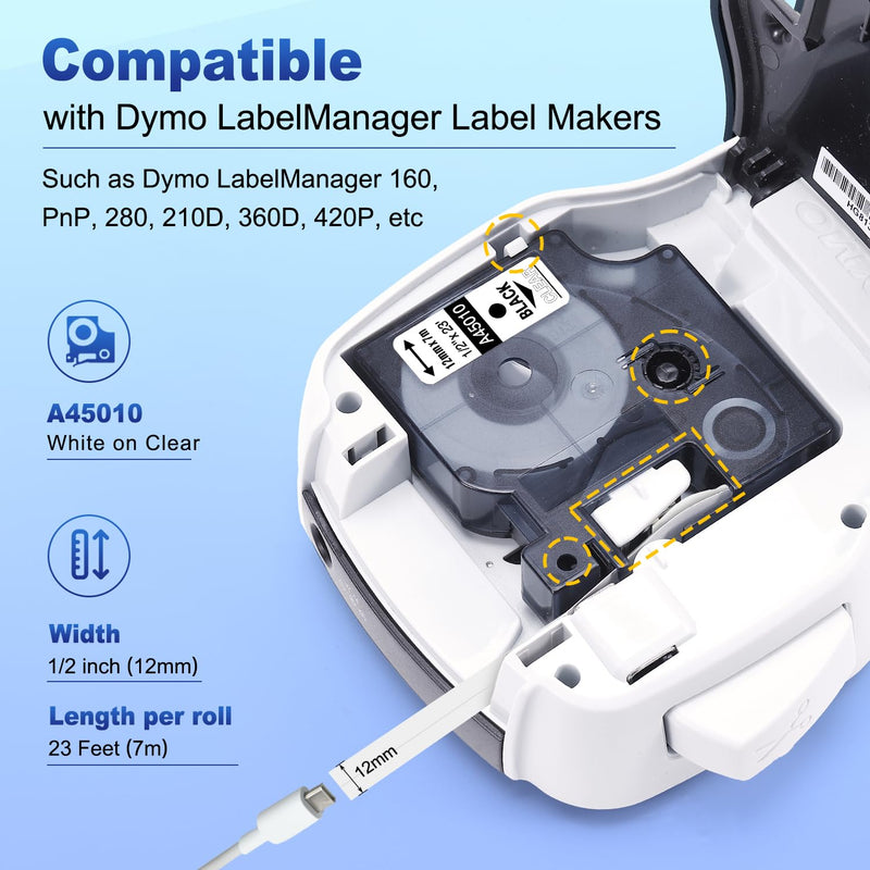 [AUSTRALIA] - Compatible DYMO D1 Label Tape Black on Clear Replace for DYMO Label Maker Refills 45010 S0720500, 1/2Inch x 23Ft for Dymo LabelManager 160 210D 280 360D Label Maker, 3-Pack 