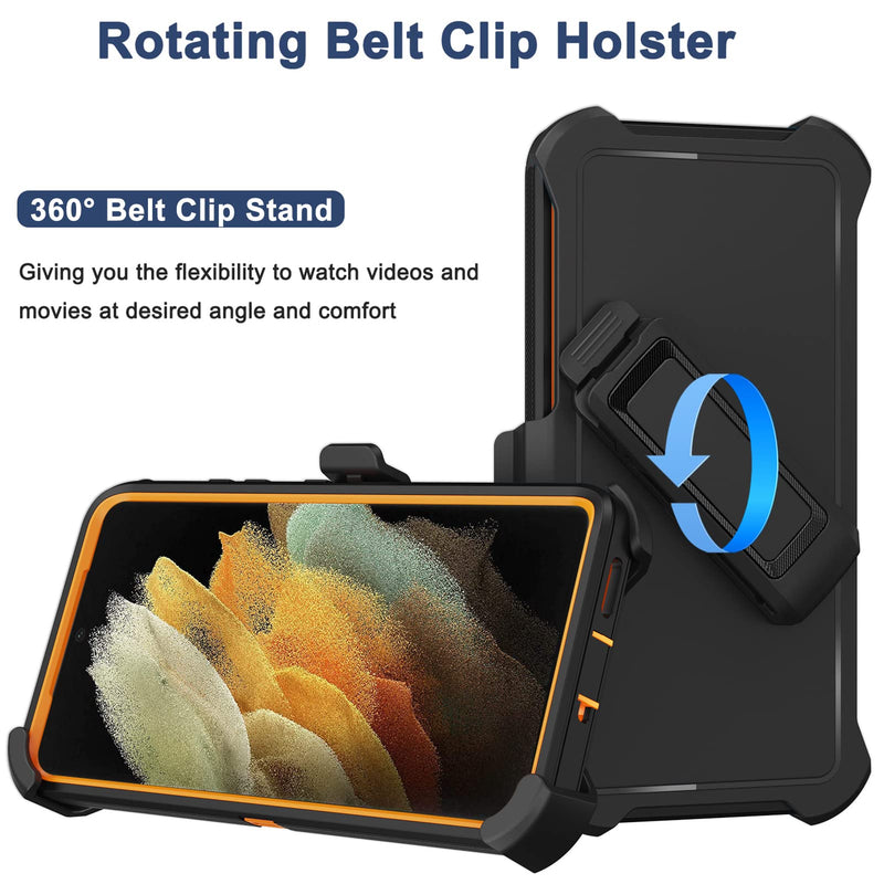 for Samsung Galaxy S21 Ultra Case with Belt Clip Holster, 2X Screen Protector, Heavy Duty Full Body Shockproof Drop-Proof Rugged Protective Cover for Samsung Galaxy S21 Ultra 5G 6.8 inch (Orange) Orange