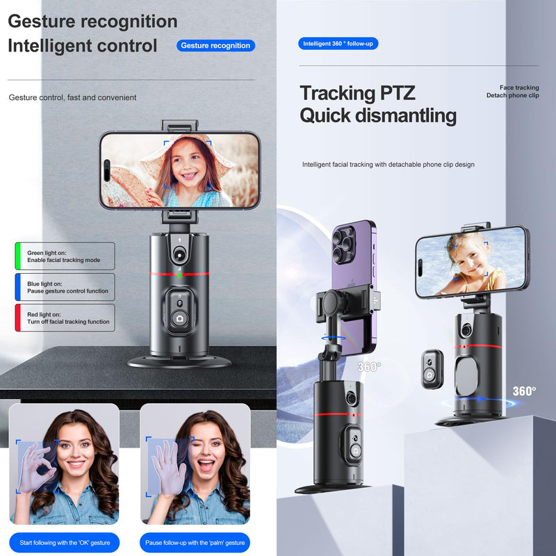 Auto Tracking Phone Holder,360° Rotation Phone Camera Mount Smart Shooting Phone Tracking Holder with Remote Selfie Stick for iPhone Android Stabilizer Shooting Live,No App,Rechargeable Black