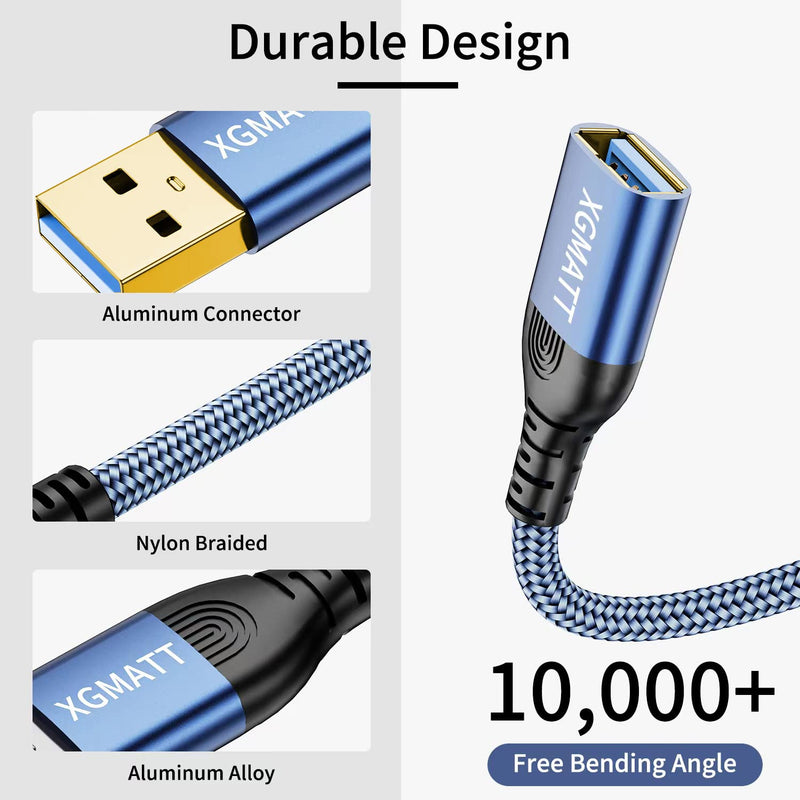 XGMATT USB Extension Cable 2 Pieces 2 m, USB 3.0 Extension Cable A Male to A Female with Elegant Aluminium Connectors, Nylon Fabric Sheath for Card Reader, Keyboard, Printer, Scanner, Camera 2-blue