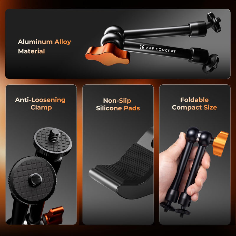 [AUSTRALIA] - K&F CONCEPT 9.8" Magic Arm Clamp Kit with 1/4" & 3/8" Thread Screw 360° Ball Heads Articulating Magic Arm Camera Mount for Monitor, Flash, LED Light, Microphone, Camera Cage, Action Camera 9.8" with Clamp 