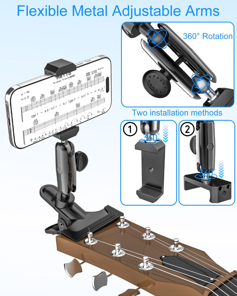 Guitar Phone Holder, [Strong Metal Clip] Guitar Phone Mount for Electric Guitar, Ukulele, Bass, Mandolin, Banjo, Sitar, Compatible with iPhone 16 Pro Max, Galaxy and All 4-7" Smartphone