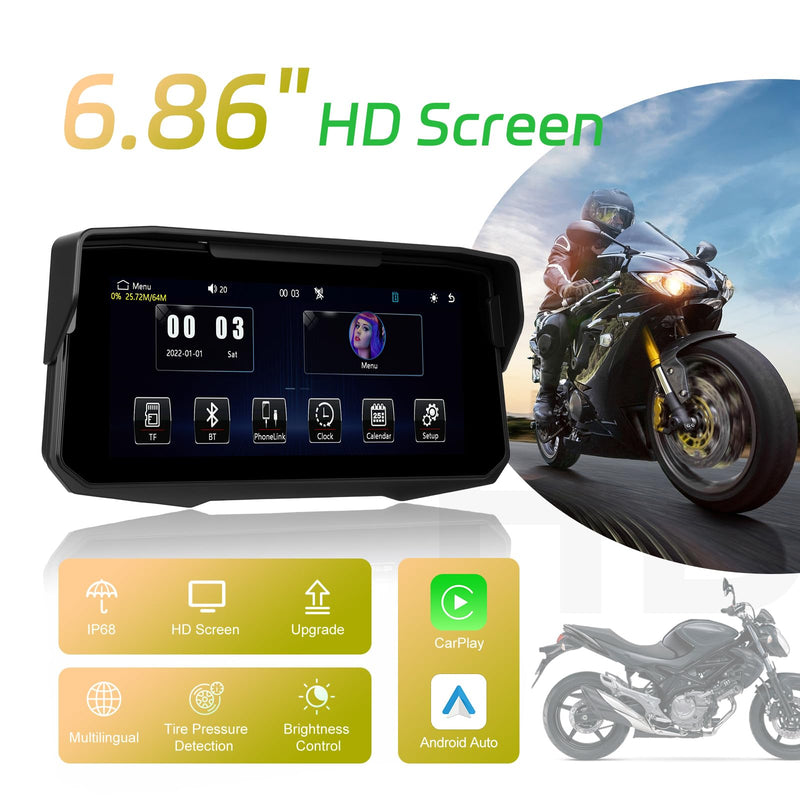 Wireless CarPlay & Android Auto for Motorcycle, 6.86″ IP68 Waterproof Touch Screen, GPS Navigation, Bluetooth, Supports AirPlay & Tire Pressure Monitoring with 64G SD Card P1-6.86 inch