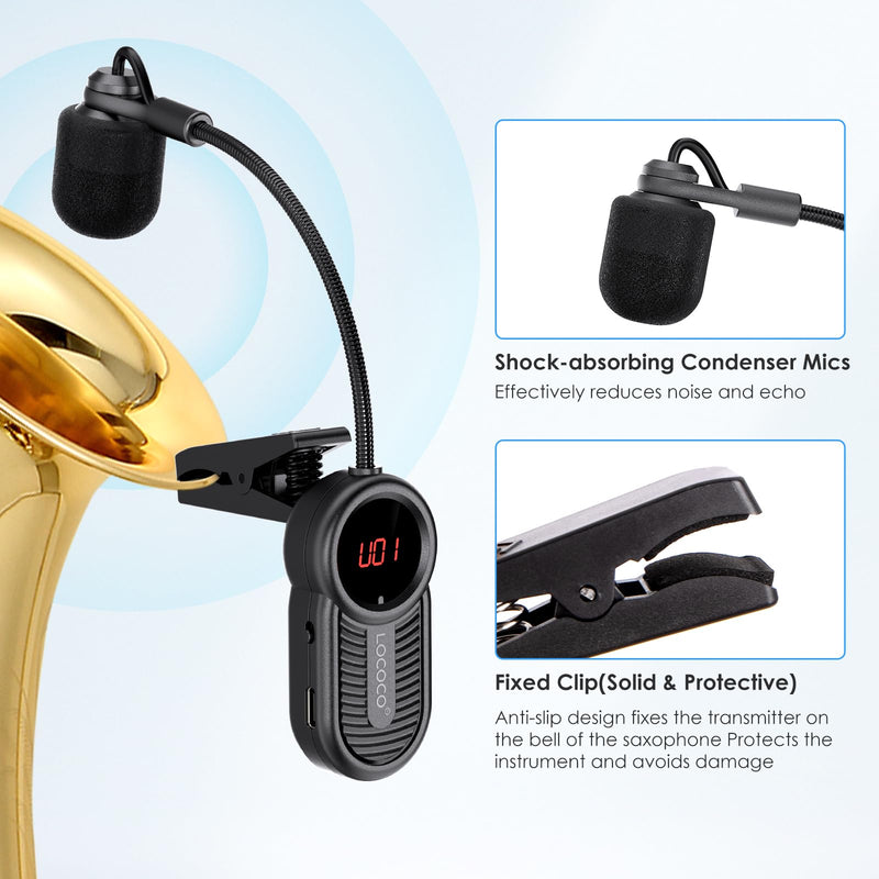 Wireless Saxophone Microphone System for Instruments: UHF Rechargeable Instruments Microphone Receiver and Transmitter - 160ft Range. Plug and Play - Clip-on Mics Suitable for Sax Trumpet, Trombone LG-06