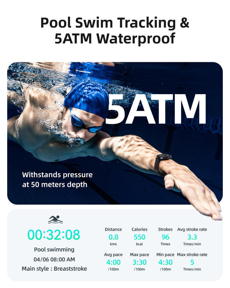 Parsonver Swimming Smart Watch, 5ATM Waterproof Watch for Pool & Open Water | AI Swim Analysis, Built-in GPS & Compass, AMOLED Screen Fitness Trackers 100+ Sports Modes, Heart Rate & Sleep Monitor, Black