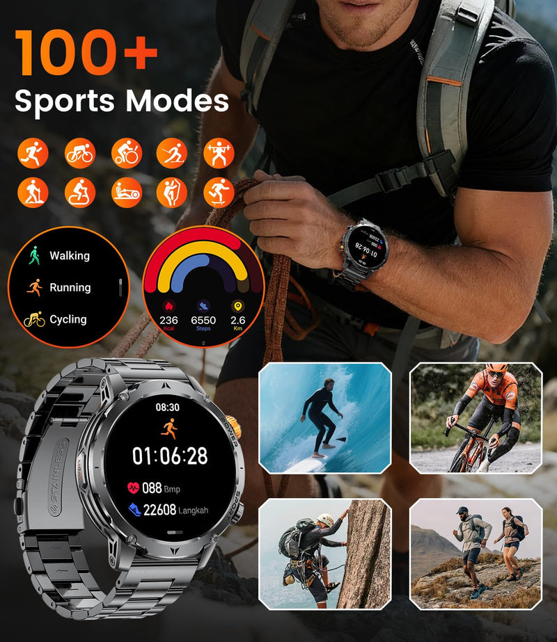 LIGE Military Smart Watches for Men(3 Bands),1000mAh Battery/1.7" HD Large Screen Smartwatch, Flashlight/120+ Sports Modes/Sleep Monitor, 5ATM Waterproof Fitness Tracker Watch for Android iOS,Black Black