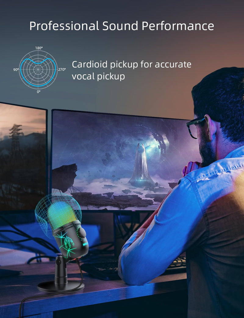 USB Microphone, Plug and Play Gaming Mic for PC, Mac, PS4/5, Podcast Microphone with RGB, Mute, Monitor, Noise Reduction, Volume Gain, Great for Recording, Streaming V5 Mic