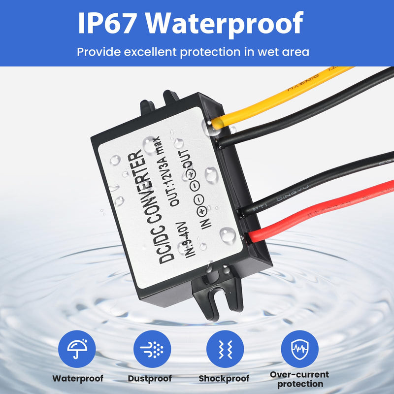 9-40V to 12V 3A Power Converter - Waterproof 36W Voltage Transformer for Truck/RV, CCTV Systems (CE Certified) Black DC/DC 9-40V to 12V3A