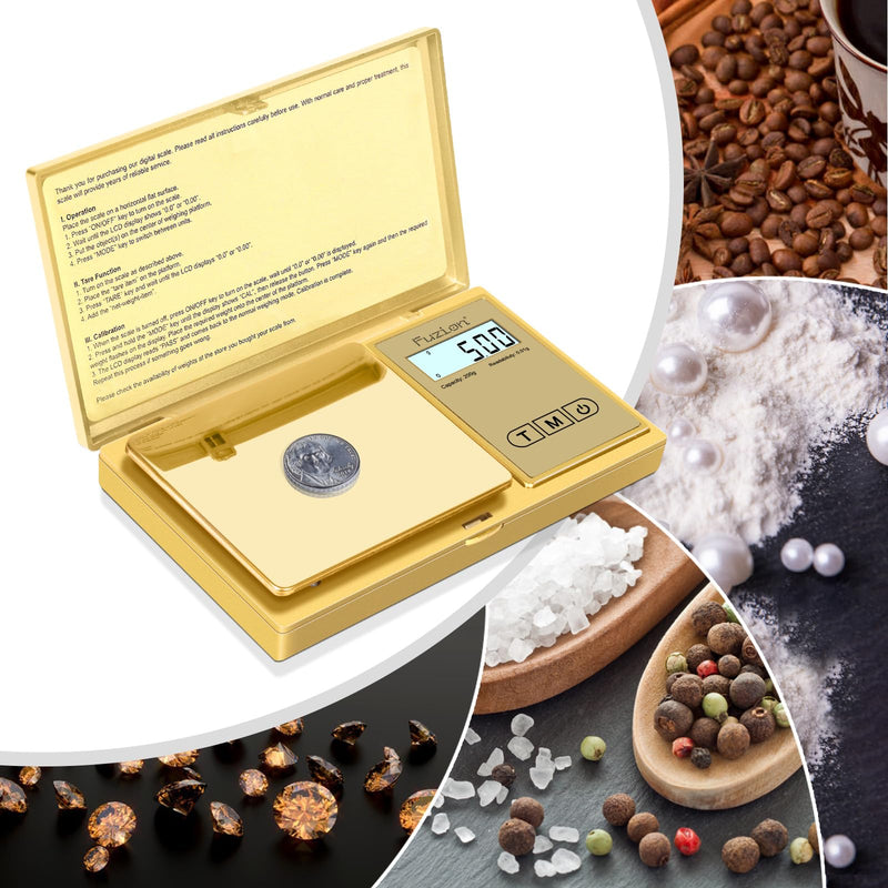 Fuzion Gram Scale, 200gx0.01g Digital Pocket Scale Gold Titanium Plating, High Precision Small Scale, 6 Units Jewelry Scale with Back-Lit LCD, Tare Function for Food, Powder, Herb, Arrow, Travel FZ-200